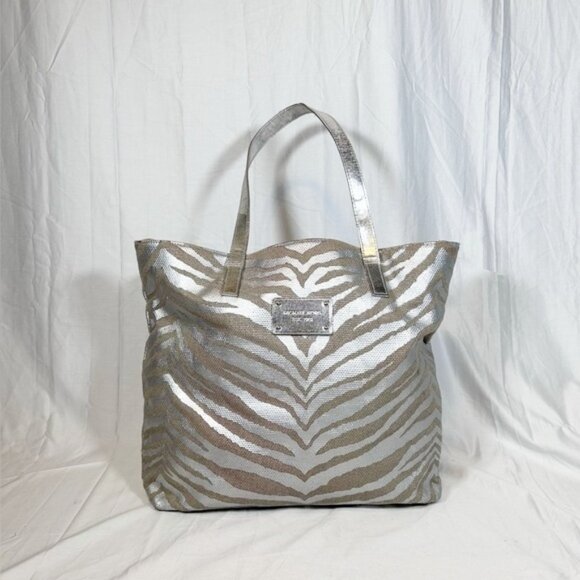 Michael Kors XL Metallic Silver Canvas Zebra Tote Bag - Picture 1 of 8